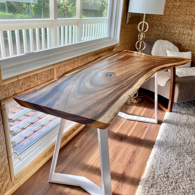 Trapezoidal table legs in white smooth powder coat look amazing with live edge desk or live edge wood table top.  The oak top combined with the YAKO trapezoidal legs will create your favourite desk in home office.