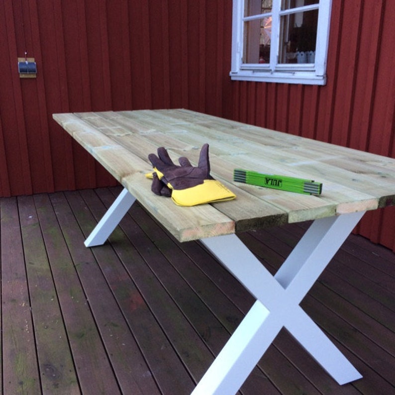 A true industrial design – metal X shape table legs for table or desk. They perfect match to workstation, long home office table, walnut butcher block desk, live edge tabletop, epoxy river table, oak slab tabletop.