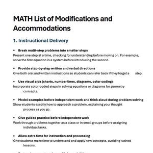 Op de afbeelding: Een wit document getiteld "LIJST met aanpassingen en accommodaties voor wiskunde" met een lijst met opsommingstekens met details over lesmethoden voor wiskundeonderwijs. De tekst is in zwarte letters.