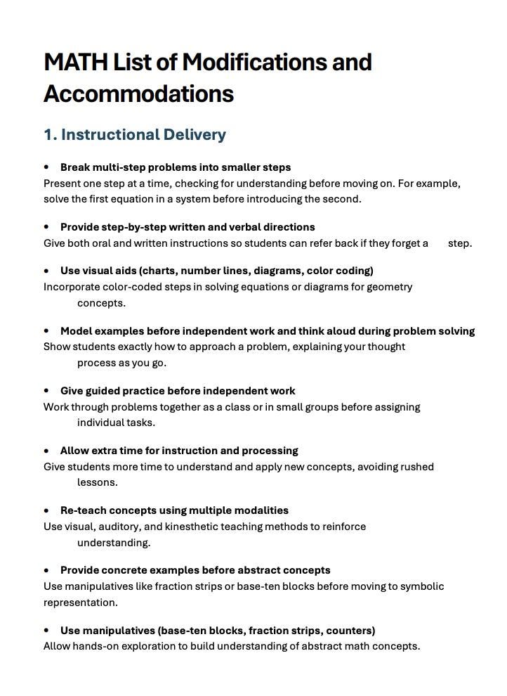 Math Accommodations and Modifications Checklist for Students With ...
