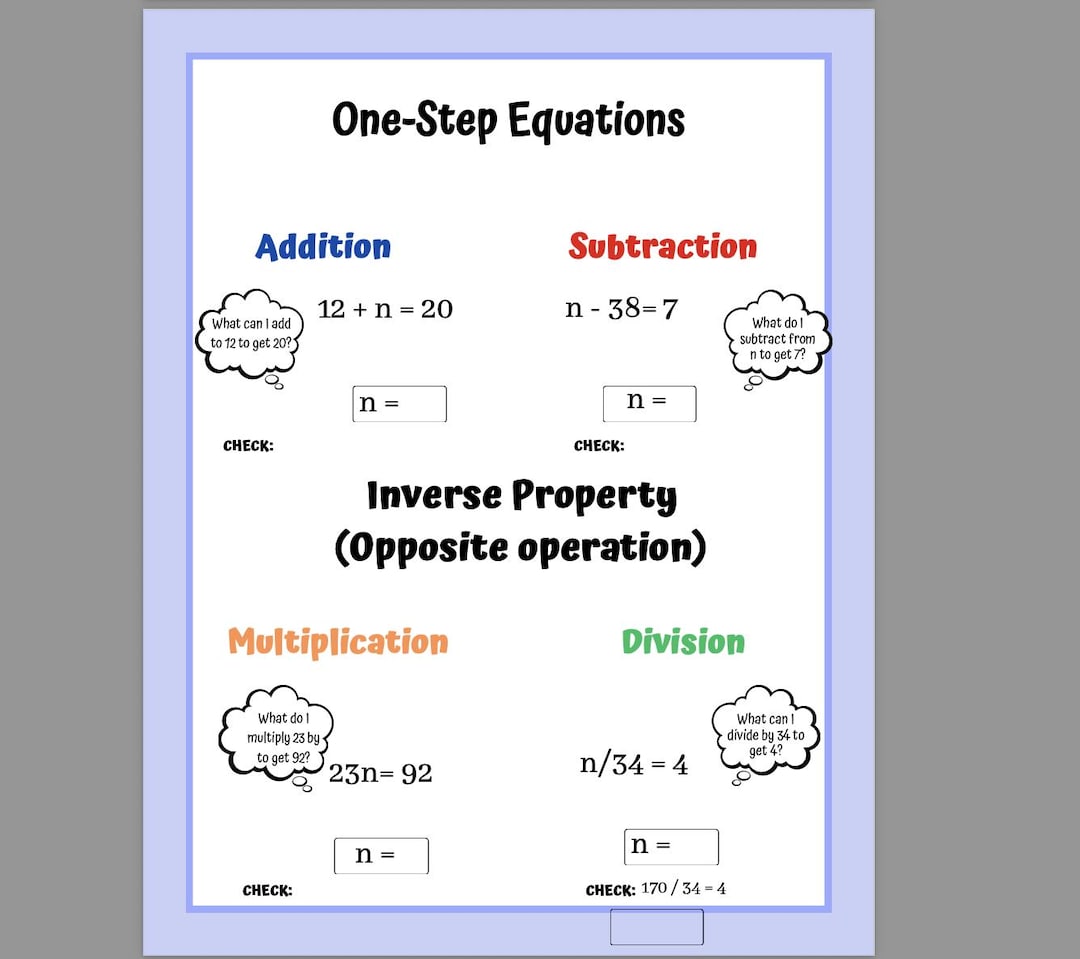 One-step Equations Anchor Chart & Student Notes - BILINGUAL (printable ...