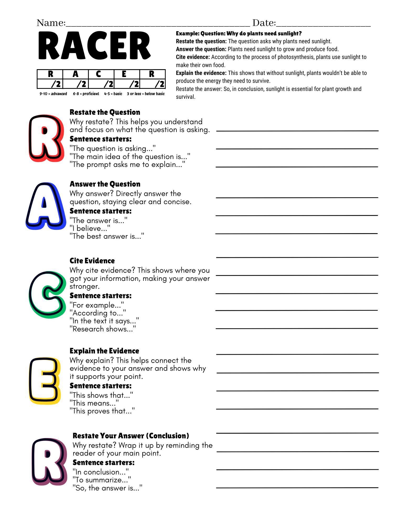 RACER Template for ALL Learners! Includes: Sentence Starters and ...