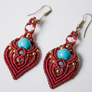 Modern macrame earrings/boho chic textile jewelry/Red drop handmade macrame earrings/turquoise bead/ all day earrings/tribal