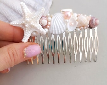 Starfish hair comb, Pink wedding, Beach hair accessory, Seashell Hair accessories, Mermaid hair comb, shell bridal hair comb, Headpiece