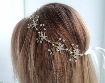 Zeester gouden haar Vine, strandbruiloft, schelp haaraccessoires, zeemeermin zendspoel, strandtiara, kroon, schelphoofdband, schelpkrans