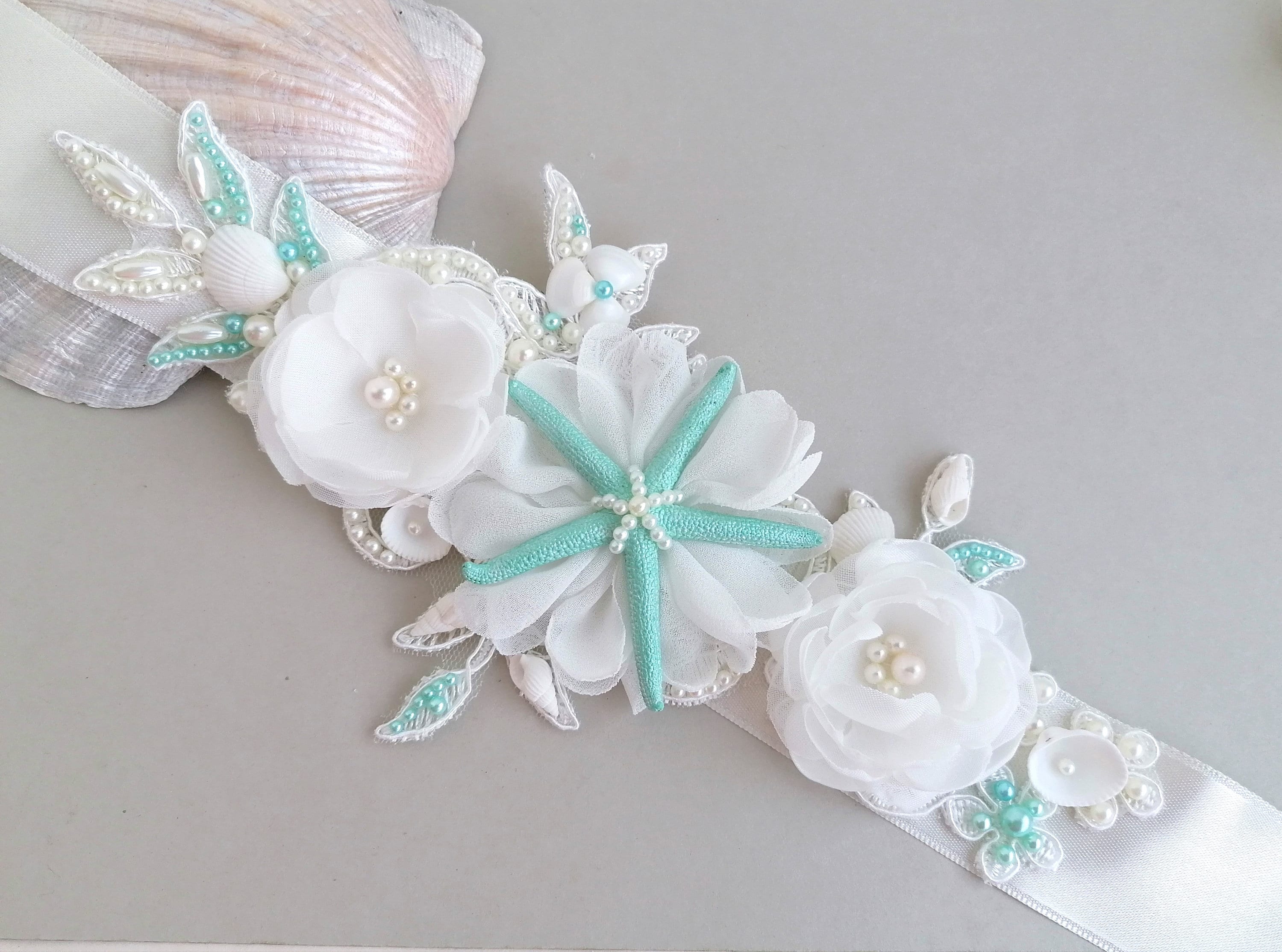 Shell Bridal Sash, Beach Wedding Sash,Turquoise Sash,Aqua Belt,Starfish bridal sash,Shell Wedding Dress,Beach Bridal Sash,Seashell sash
