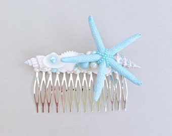 Baby blue comb,Beach wedding,Sea shell hair accessory,Seashell Hair accessories,Mermaid hair comb,Starfish,shell bridal hair comb,Headpiece