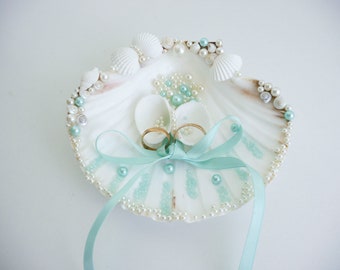 Aqua blue mint, Shell ring holder, Wedding Ring Holder, Sea shell, ring box, mermaid