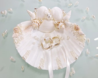 Romantische Sea Shell Ring houder, Seashell ring houder, strand bruiloft, trouwring houder aan toonder