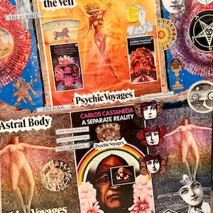 Könnte beinhalten: Eine Collage aus Vintage-Buchcovern und Illustrationen mit spirituellem Thema. Das Bild zeigt die Texte "Beyond the Veil", "Psychic Voyages" und "Astral Body". Die Kunstwerke umfassen Figuren, Tarotkarten und Himmelsymbole in einer Farbpalette aus Orange, Blau und Rot.