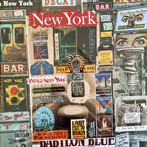 May include: A collage of vintage New York City signs and advertisements. The artwork features the word "New York" prominently, along with signs for bars, theaters, and other businesses. The color palette includes red, yellow, and blue.