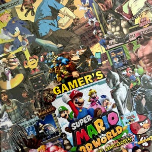 Könnte beinhalten: Eine Collage mit verschiedenen Videospielcharakteren und Logos. Zu den prominenten Charakteren gehören Mario, Sonic und Donkey Kong. Der Text "GAMER'S" und "SUPER MARIO 3D WORLD" sind sichtbar, zusammen mit anderen Spieltiteln und Bildern.
