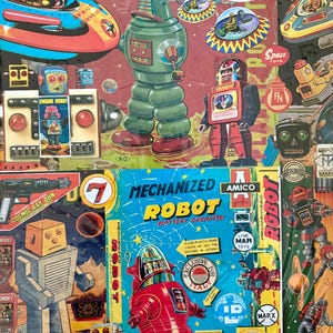 Könnte beinhalten: Eine Retro-Collage mit Spielzeugrobotern und Weltraum-Themenbildern. Das Kunstwerk zeigt Roboter in Rot, Grün und Blau, zusammen mit fliegenden Untertassen und den Texten "Planet Robot" und "Mechanized Robot".