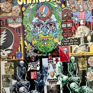 Könnte beinhalten: Eine Collage aus Aufklebern und Kunstwerken zum Thema Grateful Dead. Das Wort "SHAKEDOWN" steht oben. Das Bild zeigt Schädel, Skelette und das ikonische Blitzschädel-Logo der Band. Verschiedene Textelemente sind enthalten.