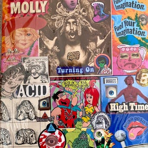 Könnte beinhalten: Eine Collage mit psychedelischem Thema, bestehend aus Bildern und Texten. Texte wie "The Story of Molly", "Turning On" und "High Time" sind enthalten. Cartoon-Figuren und Illustrationen sind zu sehen, zusammen mit den Wörtern "Acid" und "Micro Dosing". Die Farbpalette ist lebendig.
