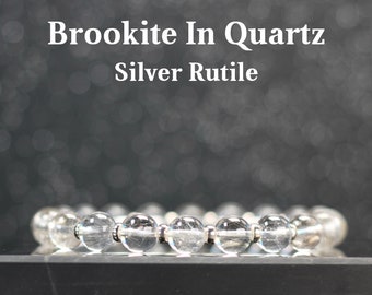 Brookite In Quartz, Silver Rutile Posh Power Bracelets With Sterling Silver. Free Brookite in Quartz Point. Stacking Clear Beads. 22crystsls