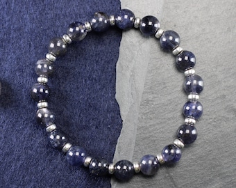 Iolite Posh Power Bracelet With Sterling Silver. Free Tumble Stone With Every Purchase. Stacking Blue Beads. 22crystals