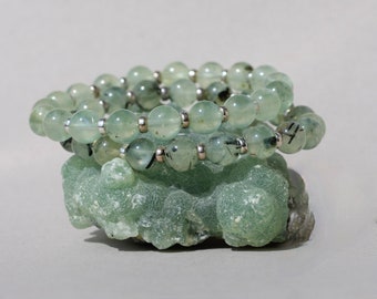 Prehnite With Epidote Posh Power Bracelet With Sterling Silver. Green Stacking Beads. Free Prehnite Heart With Purchase! 22crystals