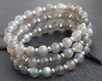 Multi Coloured Labradorite Posh Power Bracelets With Purple Pink Blue & Orange Flashes, Grey Stacking Beads With Sterling Silver 22crystals