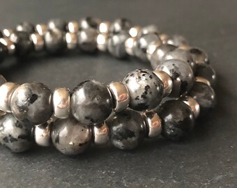 Larvikite Chunky Posh Power Bracelet With Sterling Silver. With Free Larvikite Tumble Stone. Grey Beads. 22crystals