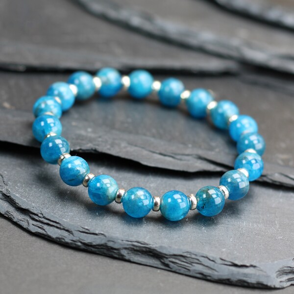 Apatite Posh Power Bracelet With Sterling Silver. Free Golden Apatite Crystal With Every Purchase. Blue Stacking Beads. 22crystals