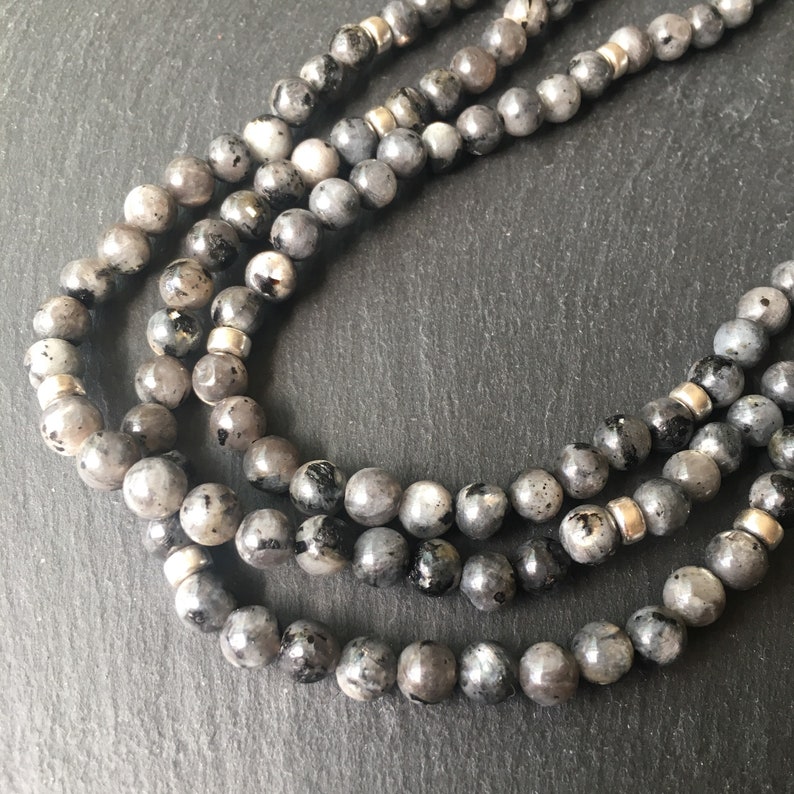 With 3 Free Larvikite Tumble Stones Grey Beads Larvikite Posh Power Rope Necklace With Sterling Silver 22crystals
