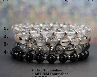 Tourmaline In Quartz Posh Power Bracelet With Sterling Silver. Free Raw Tourmalated Quartz Piece. Black, White & Clear Stacking Beads.