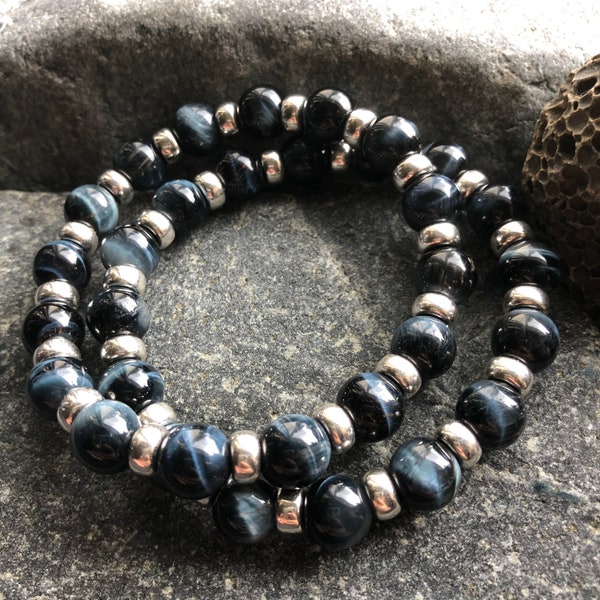 Blue Tiger's Eye Chunky Posh Power Bracelet With Sterling Silver. Free Tumble Stone. Stacking Blue & Black Hawk's Eye Beads 22crystals