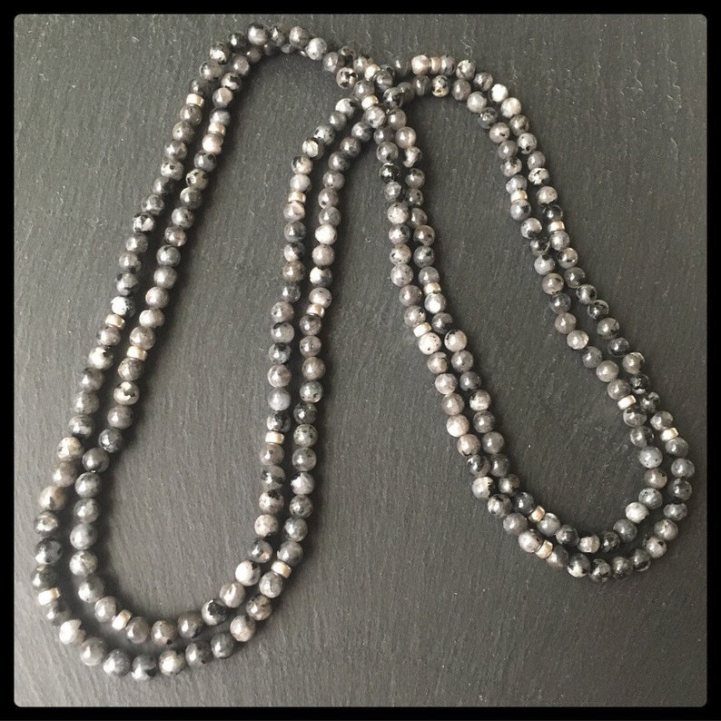 With 3 Free Larvikite Tumble Stones Grey Beads Larvikite Posh Power Rope Necklace With Sterling Silver 22crystals