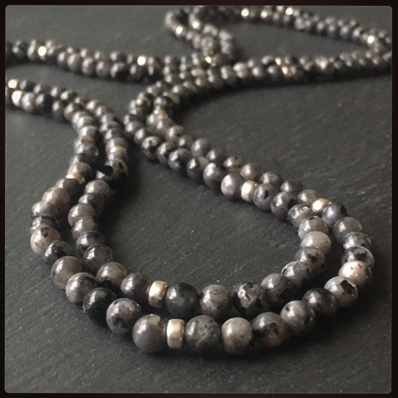 With 3 Free Larvikite Tumble Stones Grey Beads Larvikite Posh Power Rope Necklace With Sterling Silver 22crystals