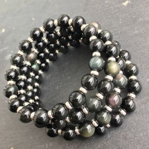 Rainbow Obsidian Posh Power Bracelet With Sterling Silver. Free Rainbow Obsidian Tumble Stone. Stacking Black Beads. 22crystals