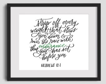 Printable Encouraging Bible Verse / Run with Endurance / Handlettering / PDF Download Art / Creative Lettering / Motivationational Quote