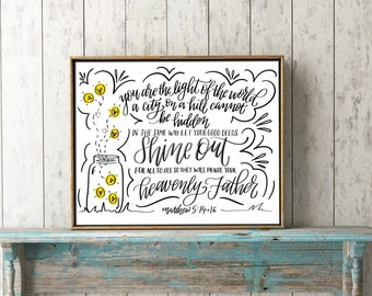 Printable Encouraging Bible Verse / Light of the World / Handlettering / PDF Download Art / Firefly Print / Motivational Quote / Yellow