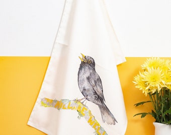 Organic Cotton ‘All Will Be Well’ Tea Towel || Dundee Blackbird || Law Hill Skyline || Song Lyric || Garden Bird || Bird Art || Nature Art