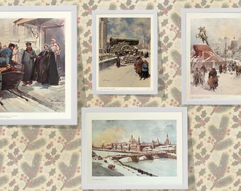 Láminas artísticas invernales de la Rusia Imperial / Ilustraciones vintage de Moscú (Descarga digital)