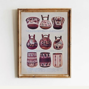 May include: Framed print featuring nine examples of ancient Peruvian pottery. The vessels are in shades of brown, red, and white, with intricate designs of birds, geometric patterns, and human figures. The text at the bottom reads "ARTISTIC POTTERY FROM THE CEMETERIES OF NASCA, SOUTH PERU."