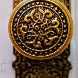 May include: A close-up of a brass door knob with an intricate floral design. The knob is round and has a raised edge. The design is in the center of the knob and is surrounded by a ring of small dots.