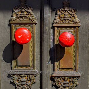 May include: Two ornate brass door knobs with red round handles on a dark gray wooden door.