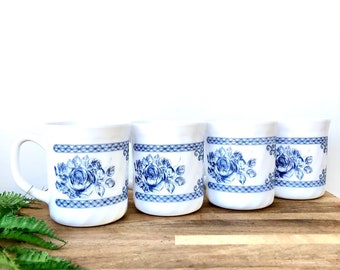 White milk glass mugs/ Arcopol France set of 4 shabby blue floral coffee mug