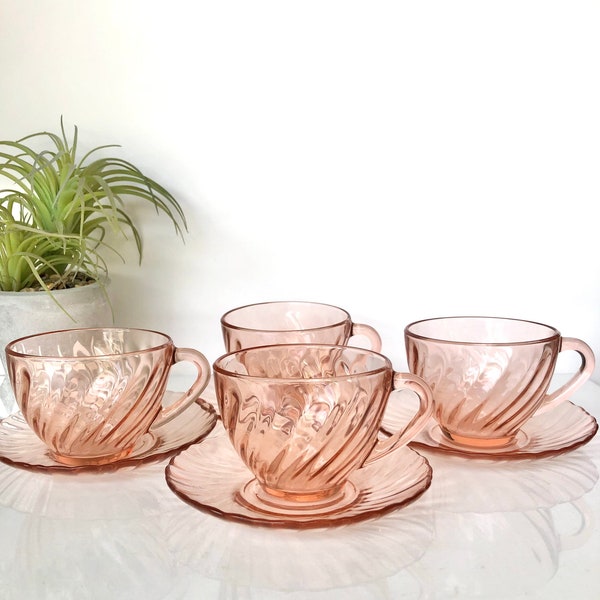 Arcoroc swirl pink glass Rosaline swirl 8 piece teacup  and saucer set vintage/ tea party/ bridal shower made in France