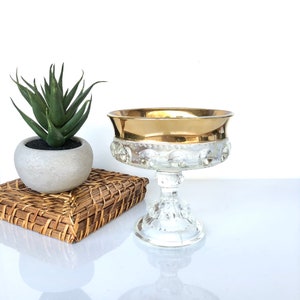 Indiana Glass Kings crown thumbprint gold trimmed compote pedestal dish/ candy bowl