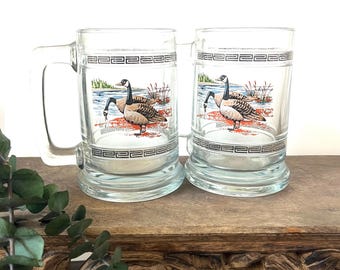 Vintage Colonial Glass Beers mugs by Princess House with Canadian Geese  set of 2