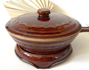 Vintage glazed  brown stoneware by Mar-Crest Daisy dot pattern ceramic pot with lid and stand midcentury cookware