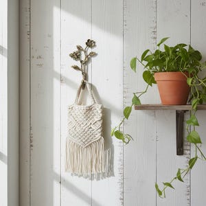 May include: A bronze-colored metal wall hook in the shape of a flower and leaves, holding a cream-colored macrame tote bag with fringe. The hook is mounted on a white wooden wall. A potted plant sits on a wooden shelf to the right.