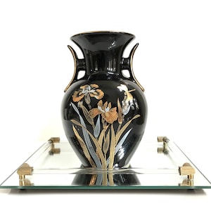 Vintage Asian porcelain black floral vase - Golden Iris Midcentury home decor