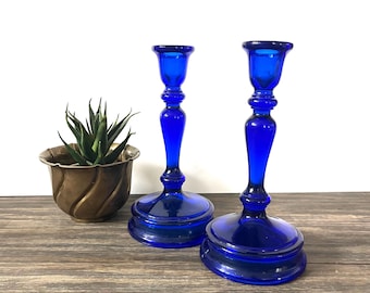 Pair of vintage cobalt glas  candleholders mid century /table decor