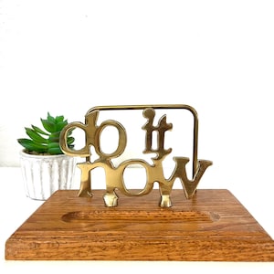 Vintage brass Letter holder / mail holder - 1980s   “Do it Now” MCM wooden mail organizer