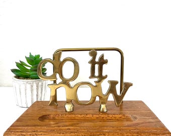 Vintage brass Letter holder / mail holder - 1980s   “Do it Now” MCM wooden mail organizer