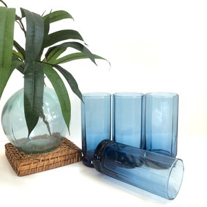 Blue glass tumblers / Essex paneled glasses  by Anchor Hocking / set of 4 Midcentury glassware