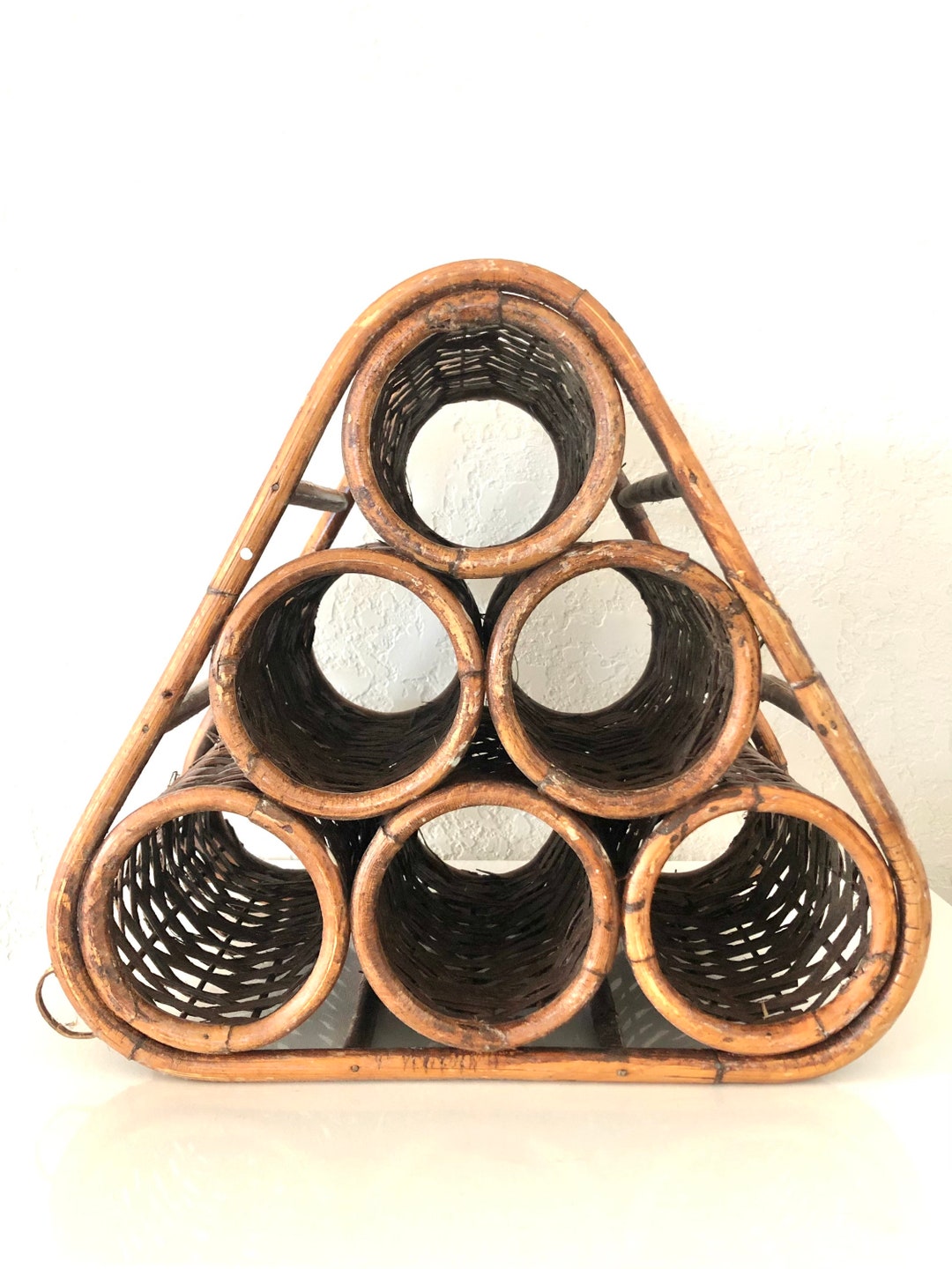 Vintage Wicker Wine Rack / Bamboo Triangle Wine Holder Etsy